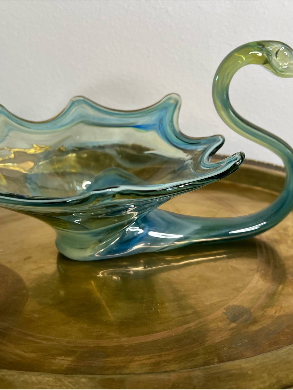 Handblown Blue-Green Glass Decorative Bowl Swan Sooner Italy